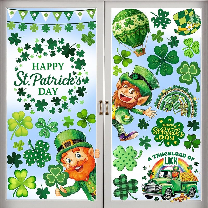 JMHACHY St Patricks Day Window Clings - 9 Sheets 88Pcs Reusable Saint Patricks Day Decorations for Home Office, Shamrock Rainbows Window Stickers for Glass, Double-Sided Large Decals - Image 1